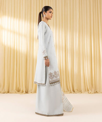 3 Piece - Embroidered Cotton Satin Suit (Unstitched)