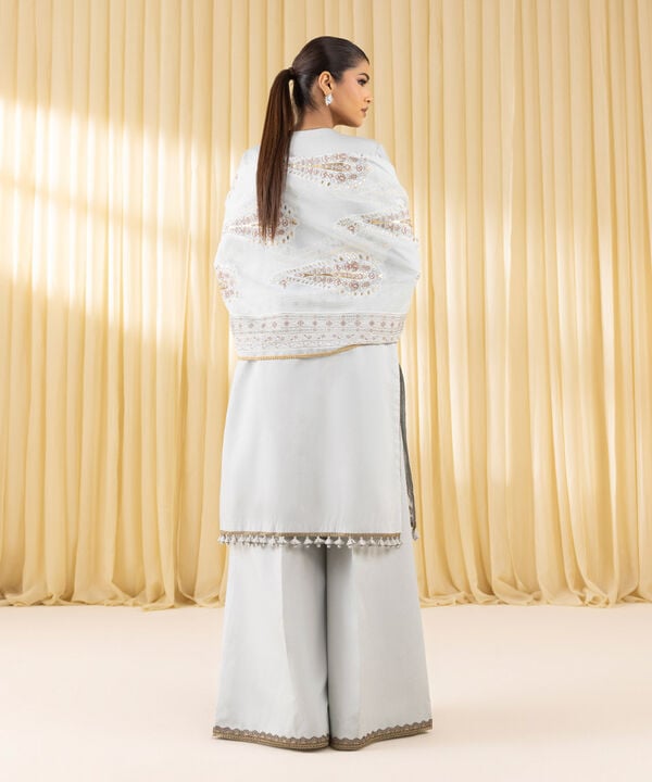 3 Piece - Embroidered Cotton Satin Suit (Unstitched)