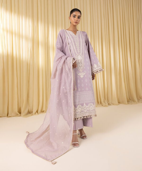3 Piece - Embroidered Cotton Satin Suit (Unstitched)