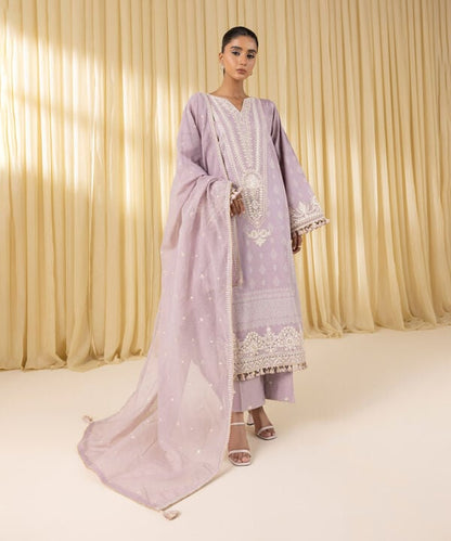 3 Piece - Embroidered Cotton Satin Suit (Unstitched)