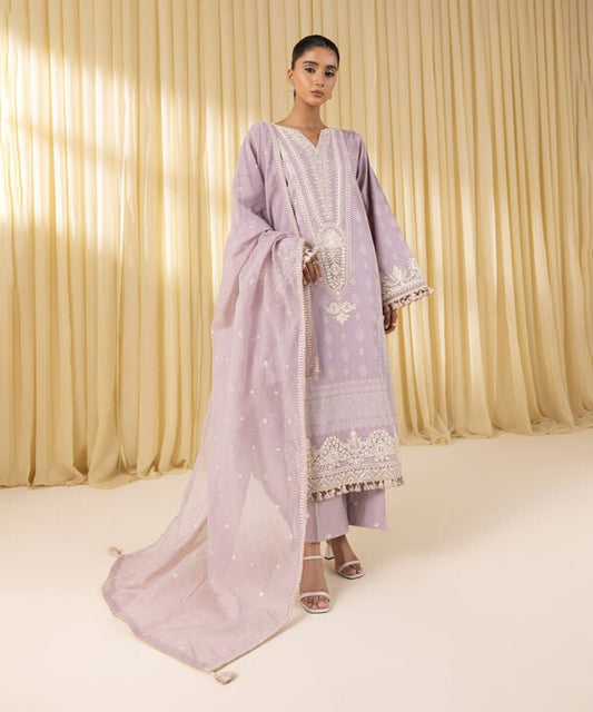 3 Piece - Embroidered Cotton Satin Suit (Unstitched)