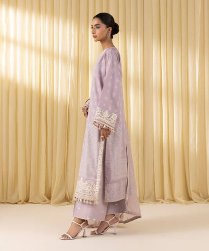 3 Piece - Embroidered Cotton Satin Suit (Unstitched)