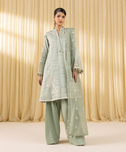 3 Piece - Embroidered Cotton Satin Suit (Unstitched)