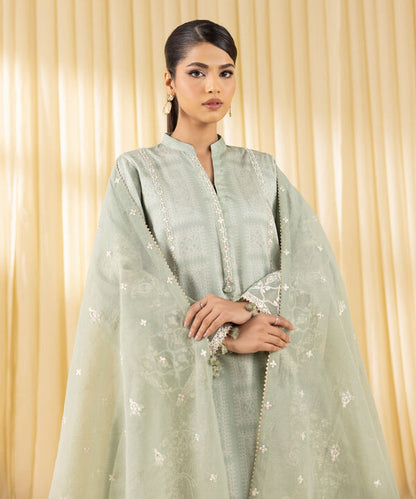 3 Piece - Embroidered Cotton Satin Suit (Unstitched)