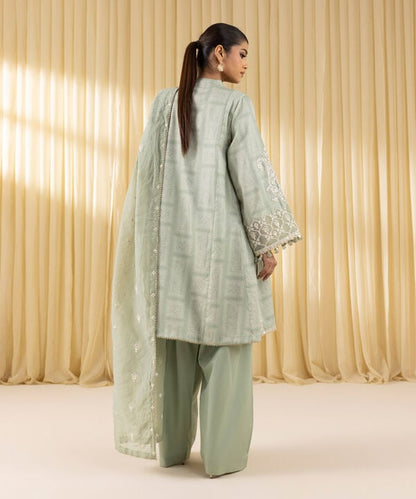 3 Piece - Embroidered Cotton Satin Suit (Unstitched)
