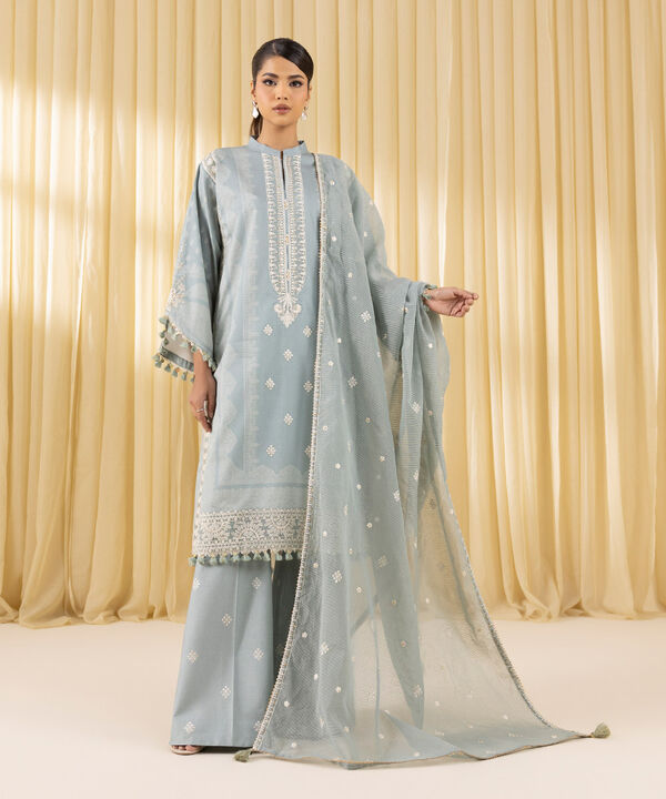 3 Piece - Embroidered Cotton Satin Suit (Unstitched)