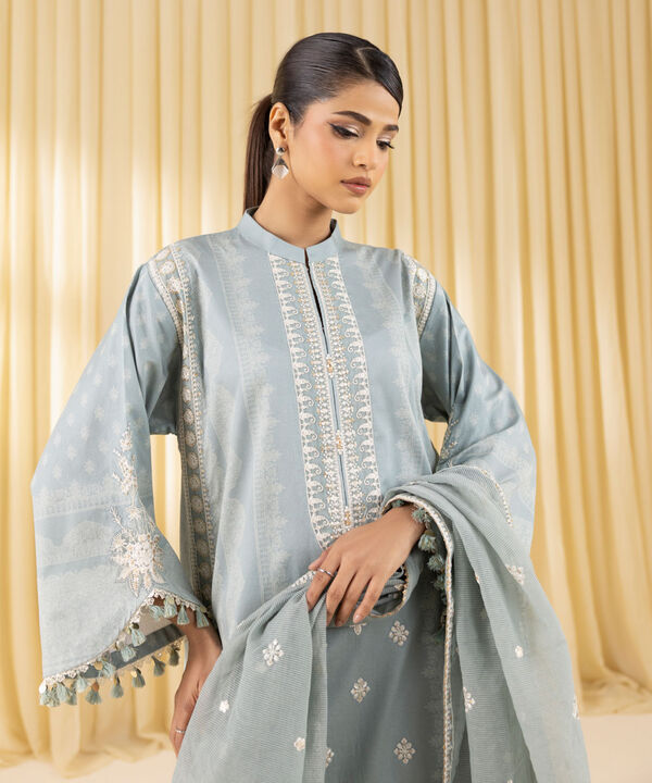 3 Piece - Embroidered Cotton Satin Suit (Unstitched)
