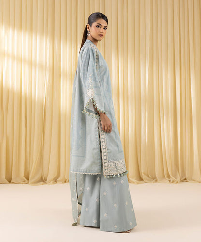 3 Piece - Embroidered Cotton Satin Suit (Unstitched)
