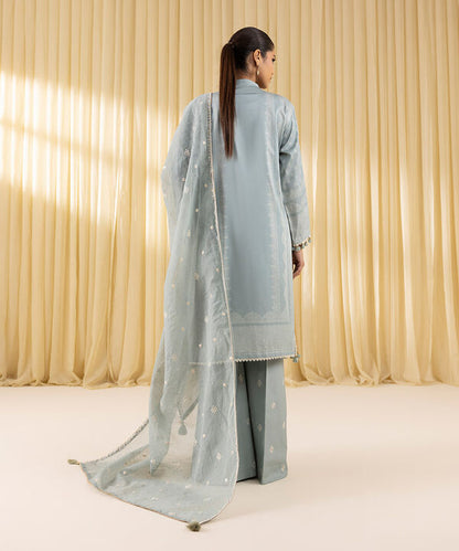 3 Piece - Embroidered Cotton Satin Suit (Unstitched)