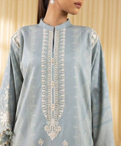 3 Piece - Embroidered Cotton Satin Suit (Unstitched)