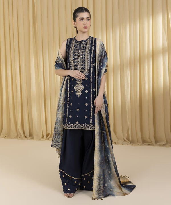 3 Piece - Embroidered Dobby Suit (Unstitched)