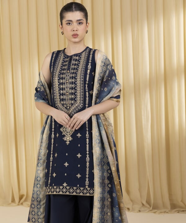 3 Piece - Embroidered Dobby Suit (Unstitched)