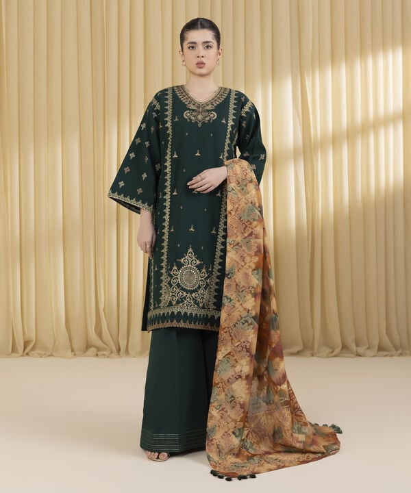 3 Piece - Embroidered Dobby Suit (Unstitched)