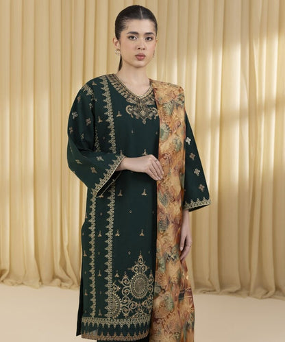 3 Piece - Embroidered Dobby Suit (Unstitched)