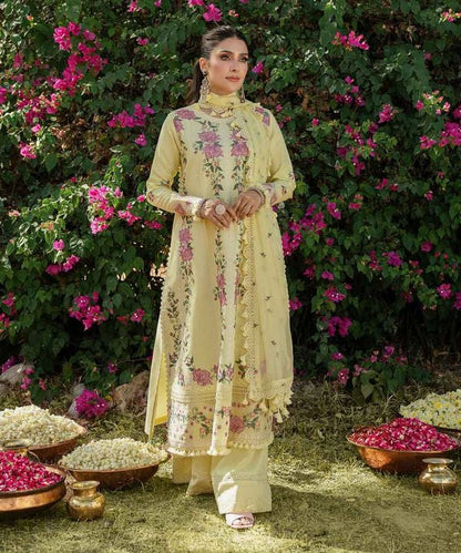 3 Piece - Embroidered Cotton Satin Suit (Unstitched)