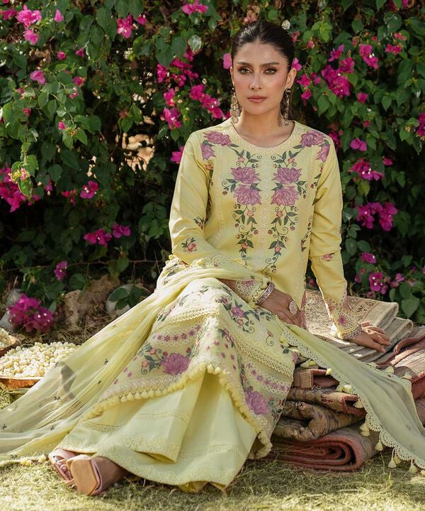 3 Piece - Embroidered Cotton Satin Suit (Unstitched)