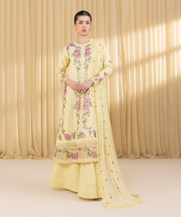 3 Piece - Embroidered Cotton Satin Suit (Unstitched)