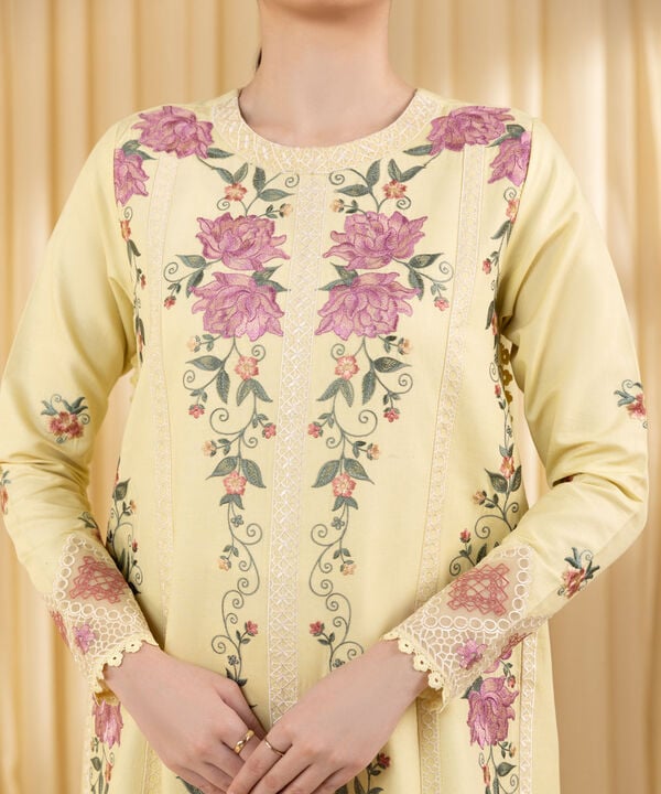 3 Piece - Embroidered Cotton Satin Suit (Unstitched)