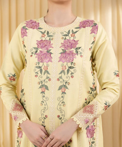 3 Piece - Embroidered Cotton Satin Suit (Unstitched)