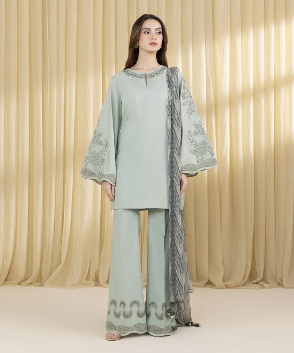 3 Piece - Embroidered Dobby Suit (Unstitched)