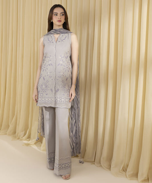 3 Piece - Embroidered Cotton Jacquard Suit (Unstitched)