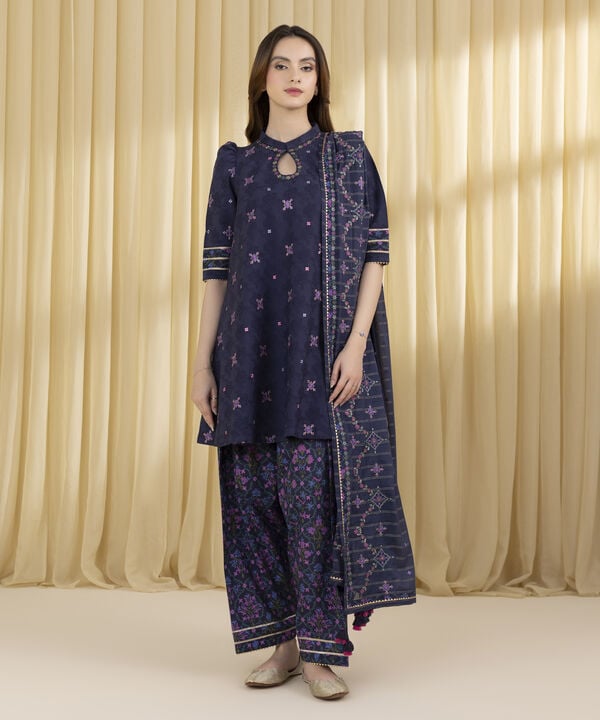 3 Piece - Embroidered Cotton Jacquard Suit (Unstitched)