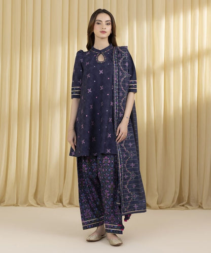 3 Piece - Embroidered Cotton Jacquard Suit (Unstitched)