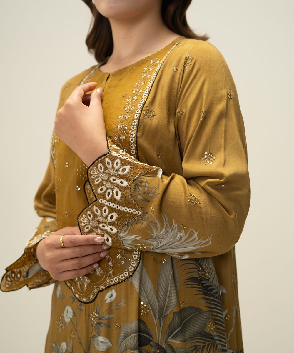 2 Piece - Embroidered Raw Silk Suit