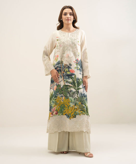2 Piece - Embroidered Raw Silk Suit