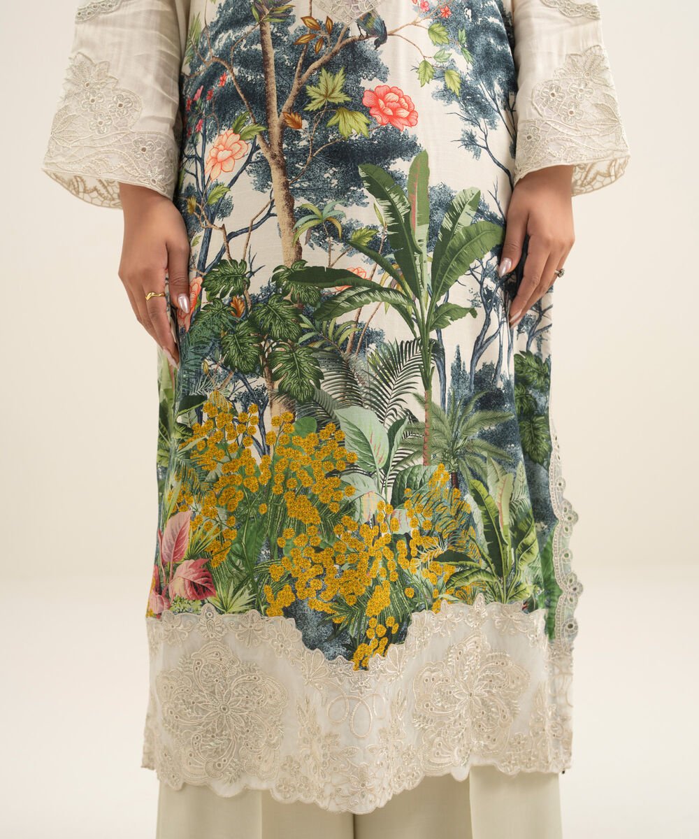 2 Piece - Embroidered Raw Silk Suit