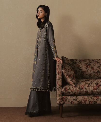 3 Piece - Embroidered Cotton Satin Suit