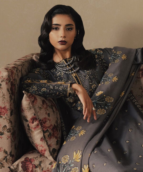 3 Piece - Embroidered Cotton Satin Suit