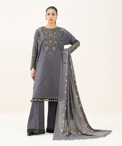 3 Piece - Embroidered Cotton Satin Suit