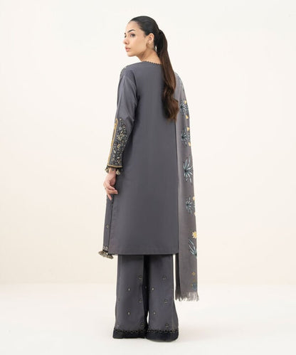 3 Piece - Embroidered Cotton Satin Suit