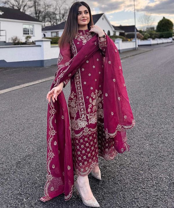 3 Piece Embroidered Karandi Suit Stitched Sapphire Official