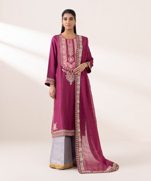 3 Piece - Embroidered Raw Silk Suit (Stitched)