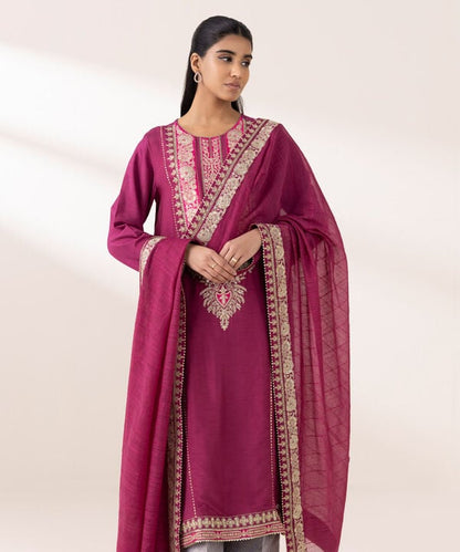 3 Piece - Embroidered Raw Silk Suit (Stitched)