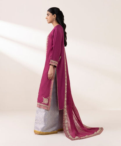 3 Piece - Embroidered Raw Silk Suit (Stitched)