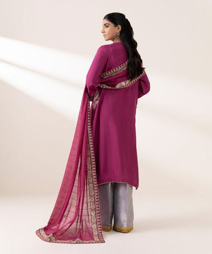 3 Piece - Embroidered Raw Silk Suit (Stitched)