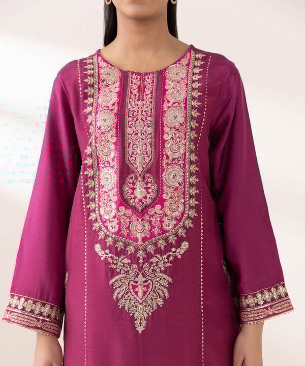 3 Piece - Embroidered Raw Silk Suit (Stitched)