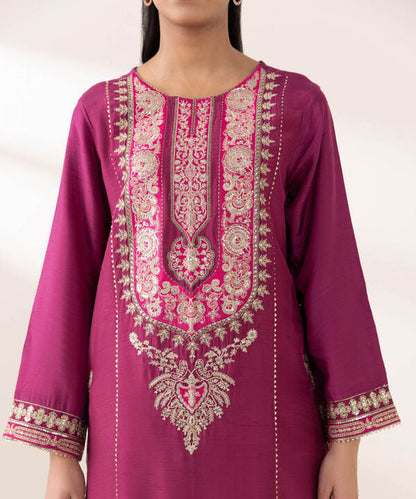 3 Piece - Embroidered Raw Silk Suit (Stitched)