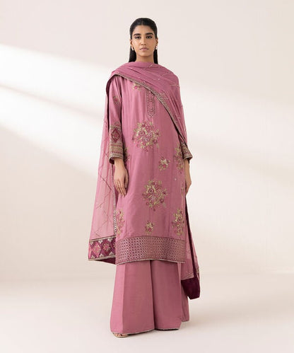 3 Piece - Embroidered Raw Silk Suit (Stitched)