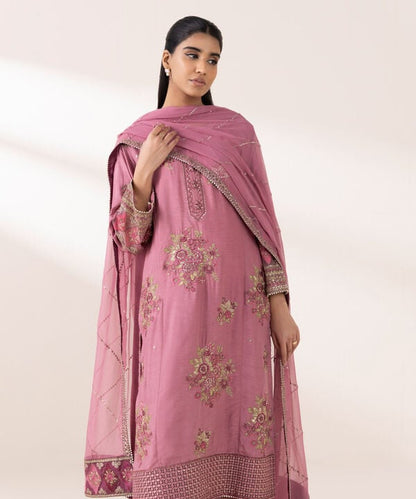 3 Piece - Embroidered Raw Silk Suit (Stitched)