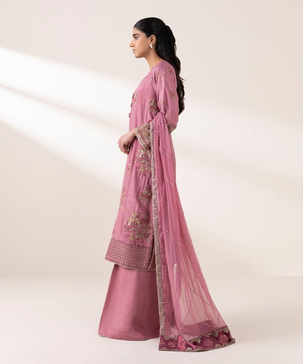 3 Piece - Embroidered Raw Silk Suit (Stitched)