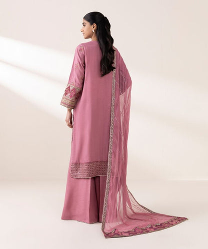 3 Piece - Embroidered Raw Silk Suit (Stitched)