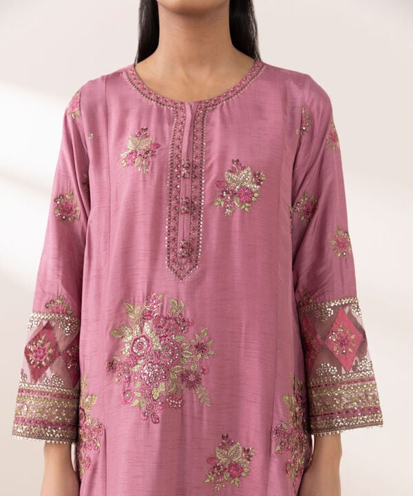 3 Piece - Embroidered Raw Silk Suit (Stitched)