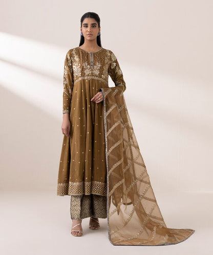 3 Piece - Embroidered Raw Silk Suit (Stitched)