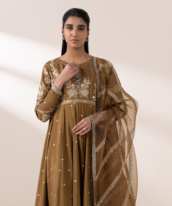 3 Piece - Embroidered Raw Silk Suit (Stitched)