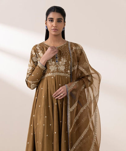 3 Piece - Embroidered Raw Silk Suit (Stitched)