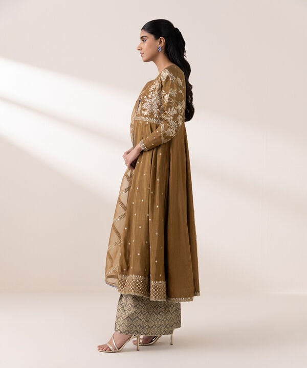 3 Piece - Embroidered Raw Silk Suit (Stitched)